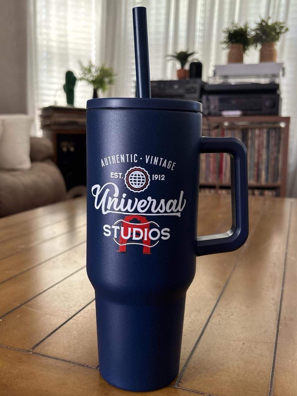 NWT Blue Universal Studios tumbler with straw. 9.5" tall